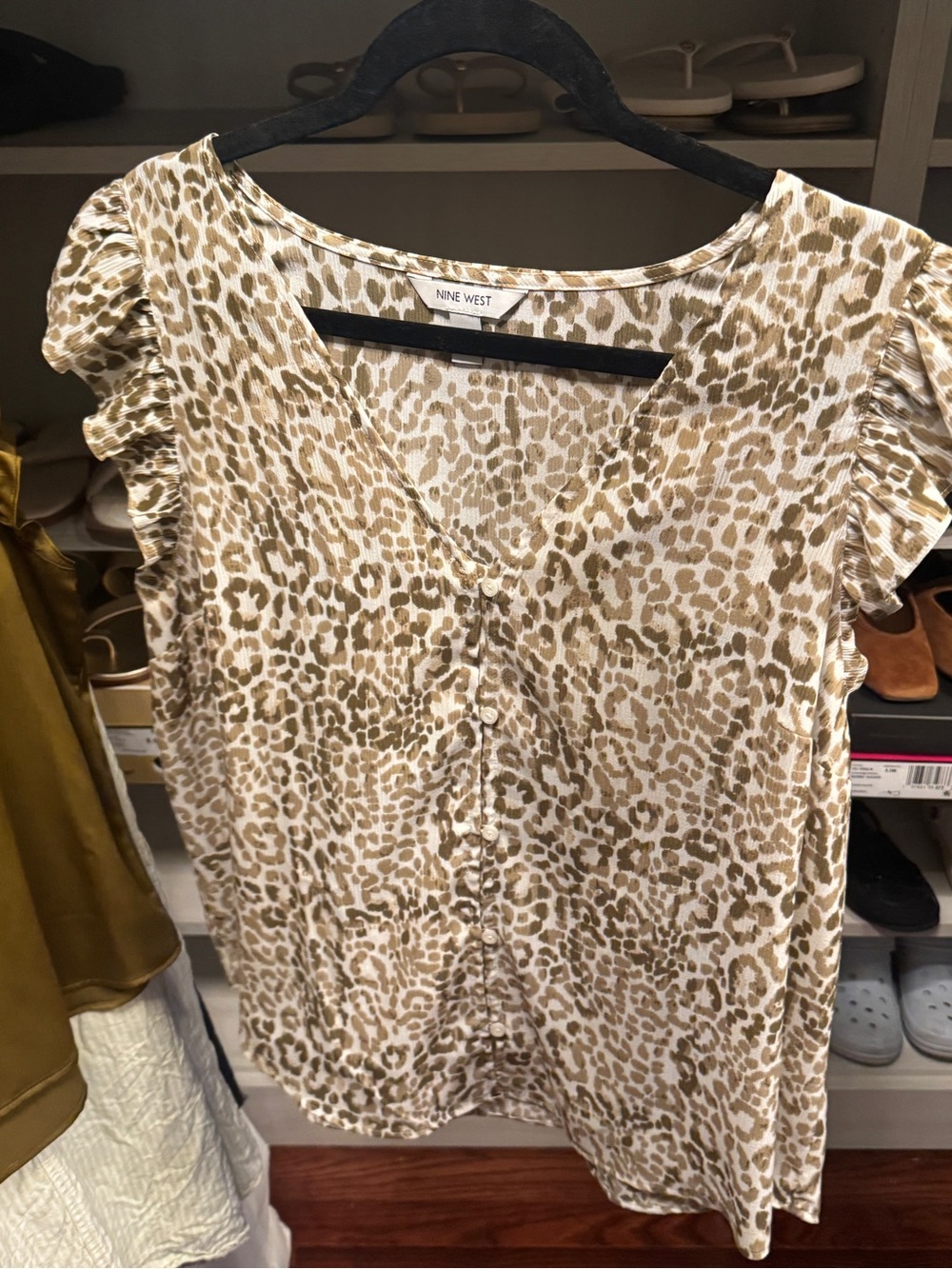 Nine West Leopard Print Ruffle Cap Sleeve V-Neck Top in Beige and Cream